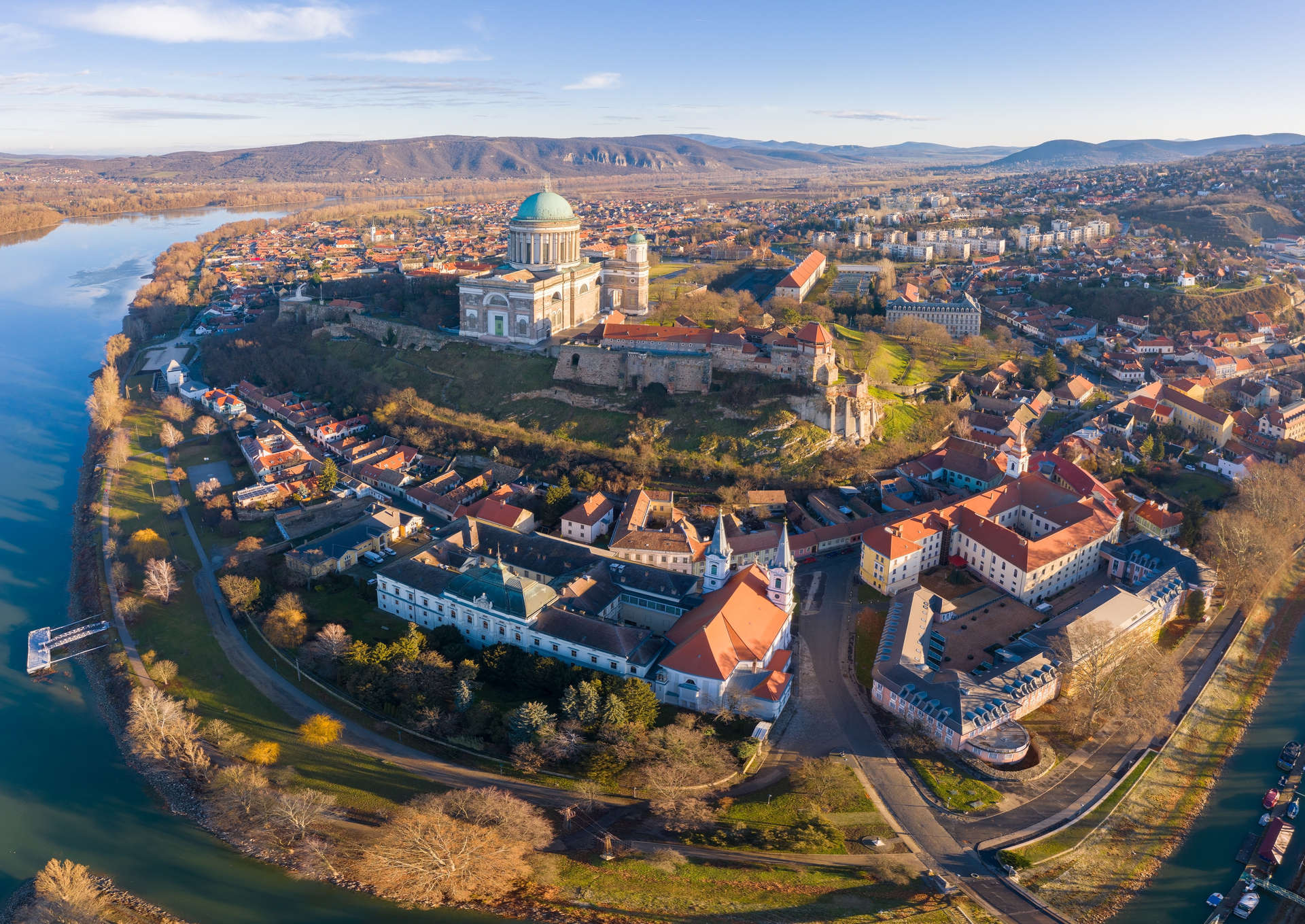 aerial skyline view of Budapest at sunrise with Szechenyi Chain Bridge