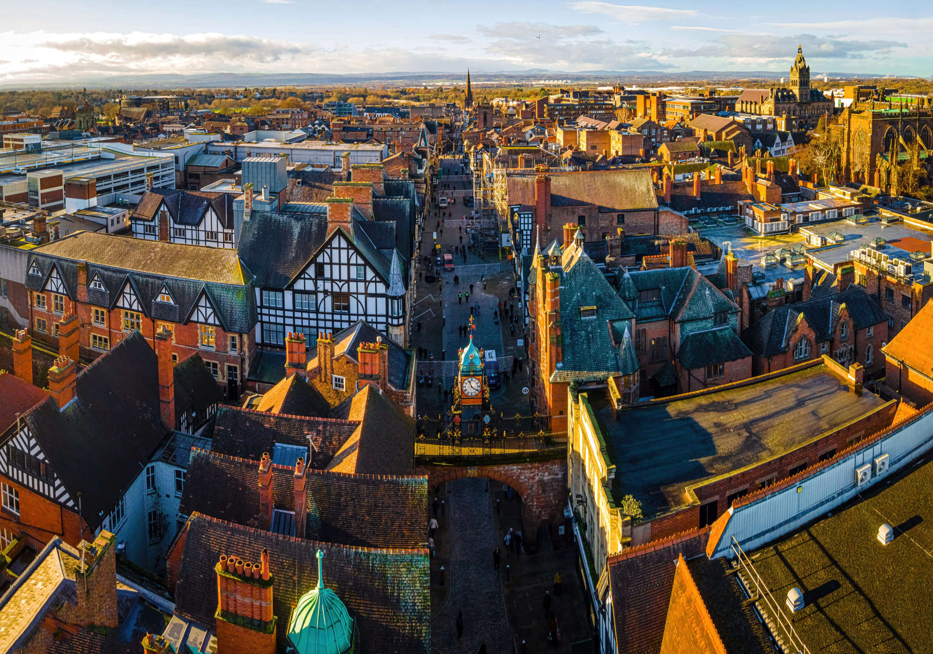 Aerial view of Chester, a city in northwest England, known for its extensive Roman walls made of local red sandstone