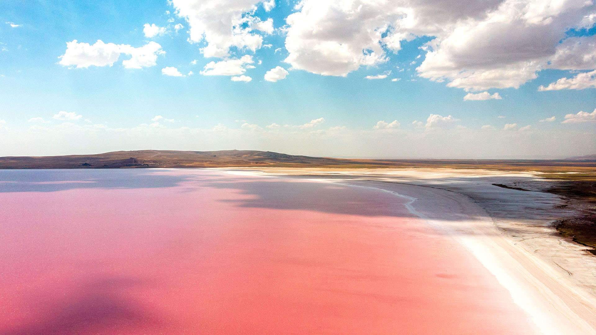 Aerial view of Lake Tuz Golu. Salt Lake. Red, pink salt water. 