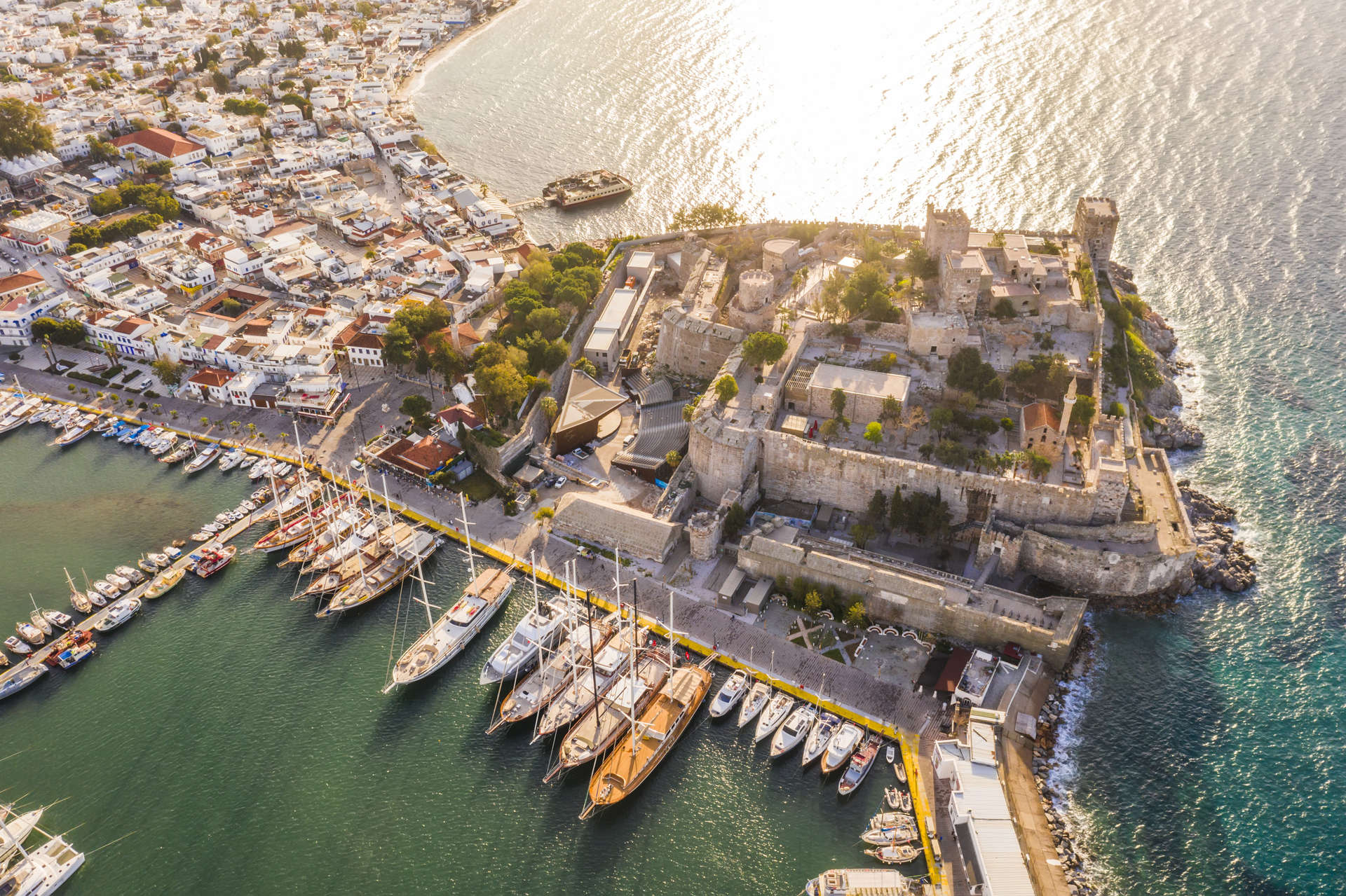 Aerial view of the Saint Peter Castle (Bodrum Kalesi) and ships in marina