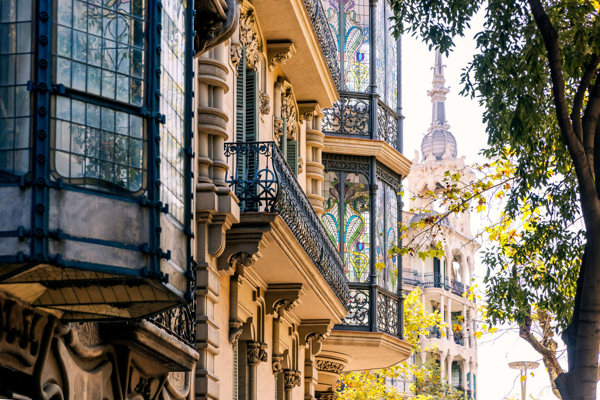 Colourful stained glass windows on the streets on Eixample