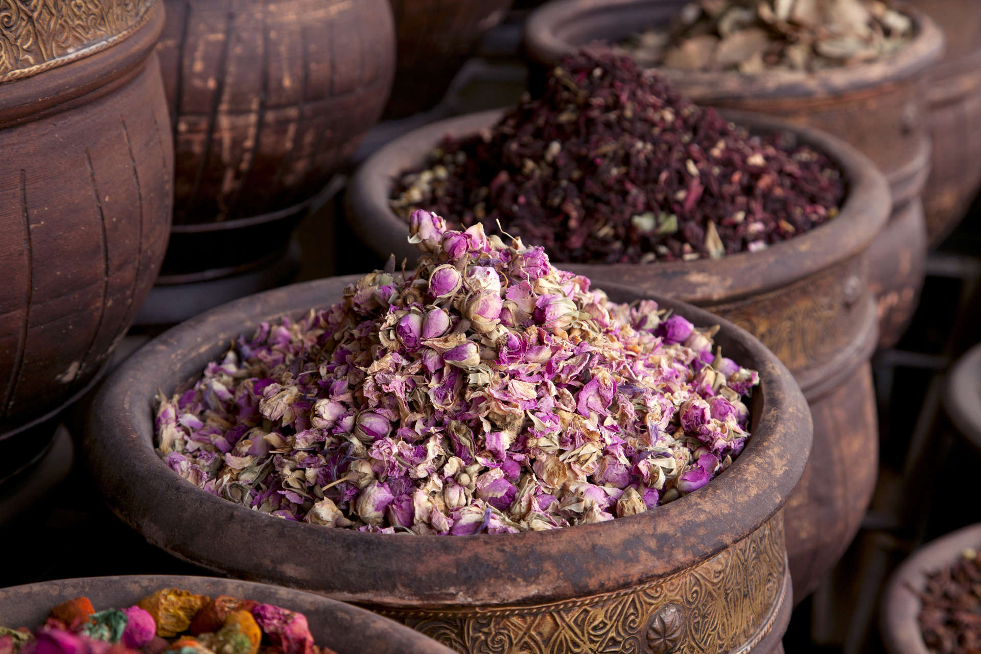 Dried herbs flowers (rose) in the Marrakesh street shop