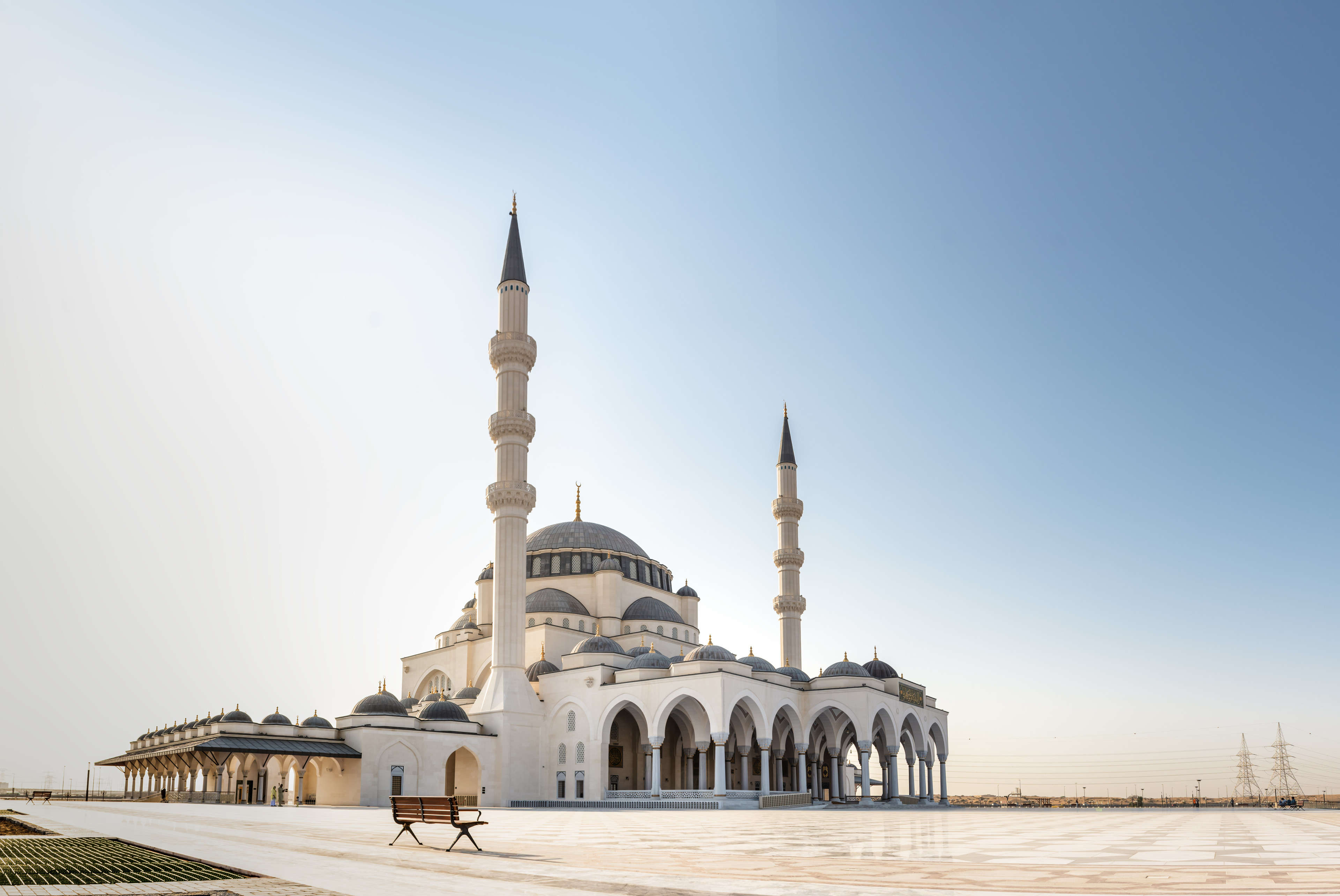 Front facade of Sharjah Mosque in the United Arab Emirates