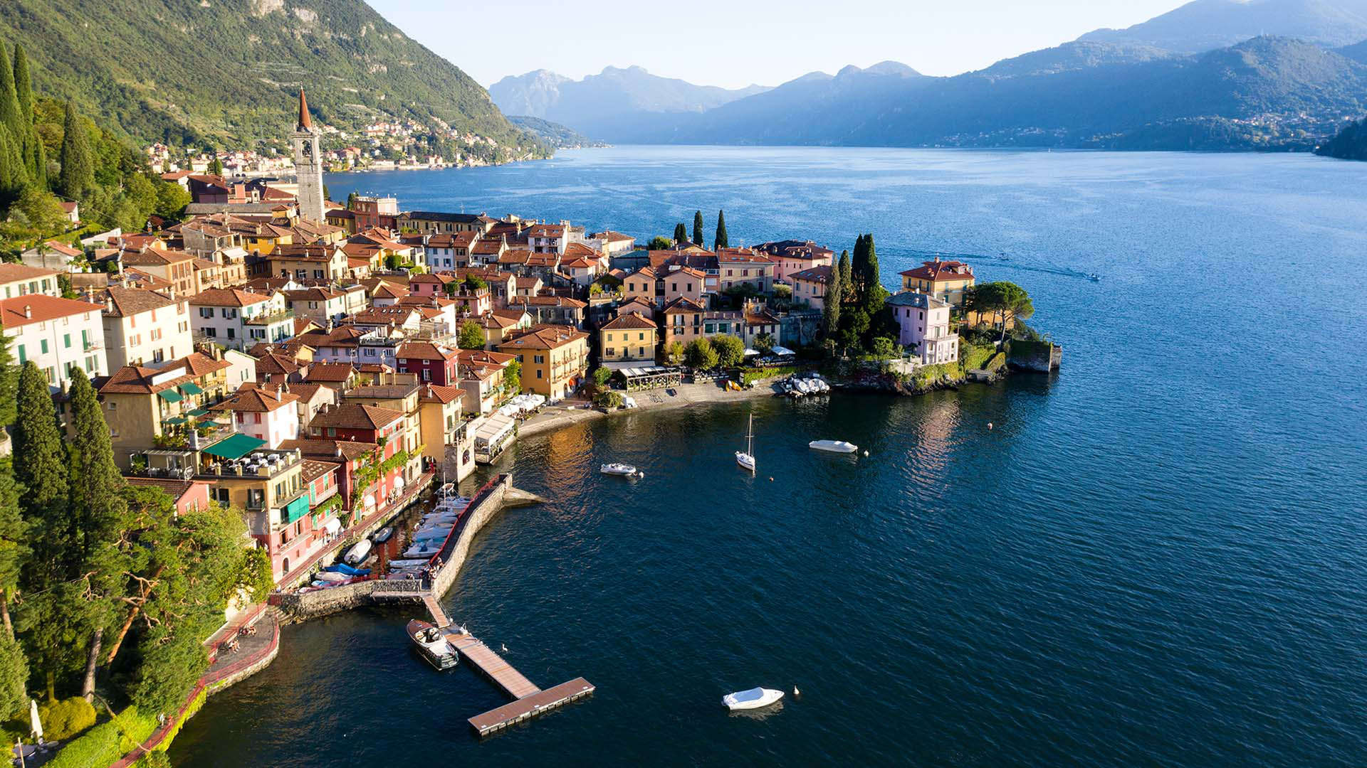 High angle view of Lake Como from Castle Vezio, Varenna, Lombardy, Italy