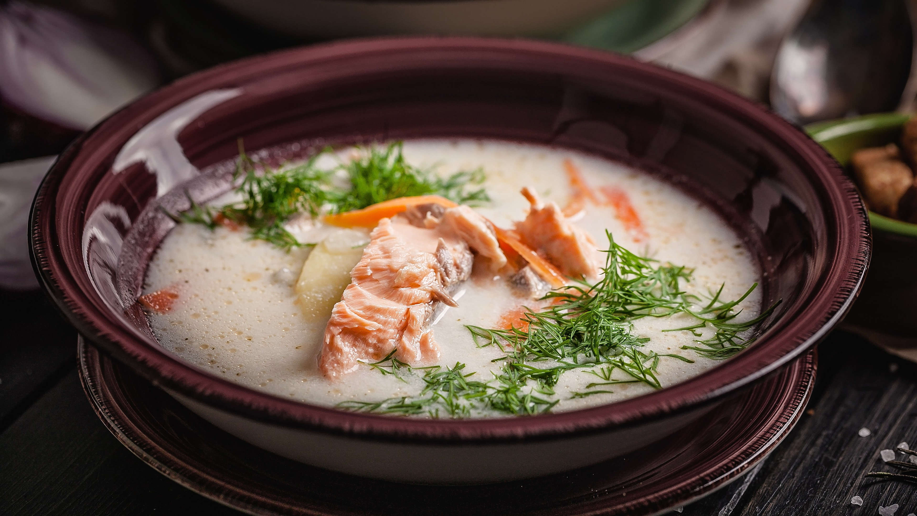 High angle view of soup in bowl on table