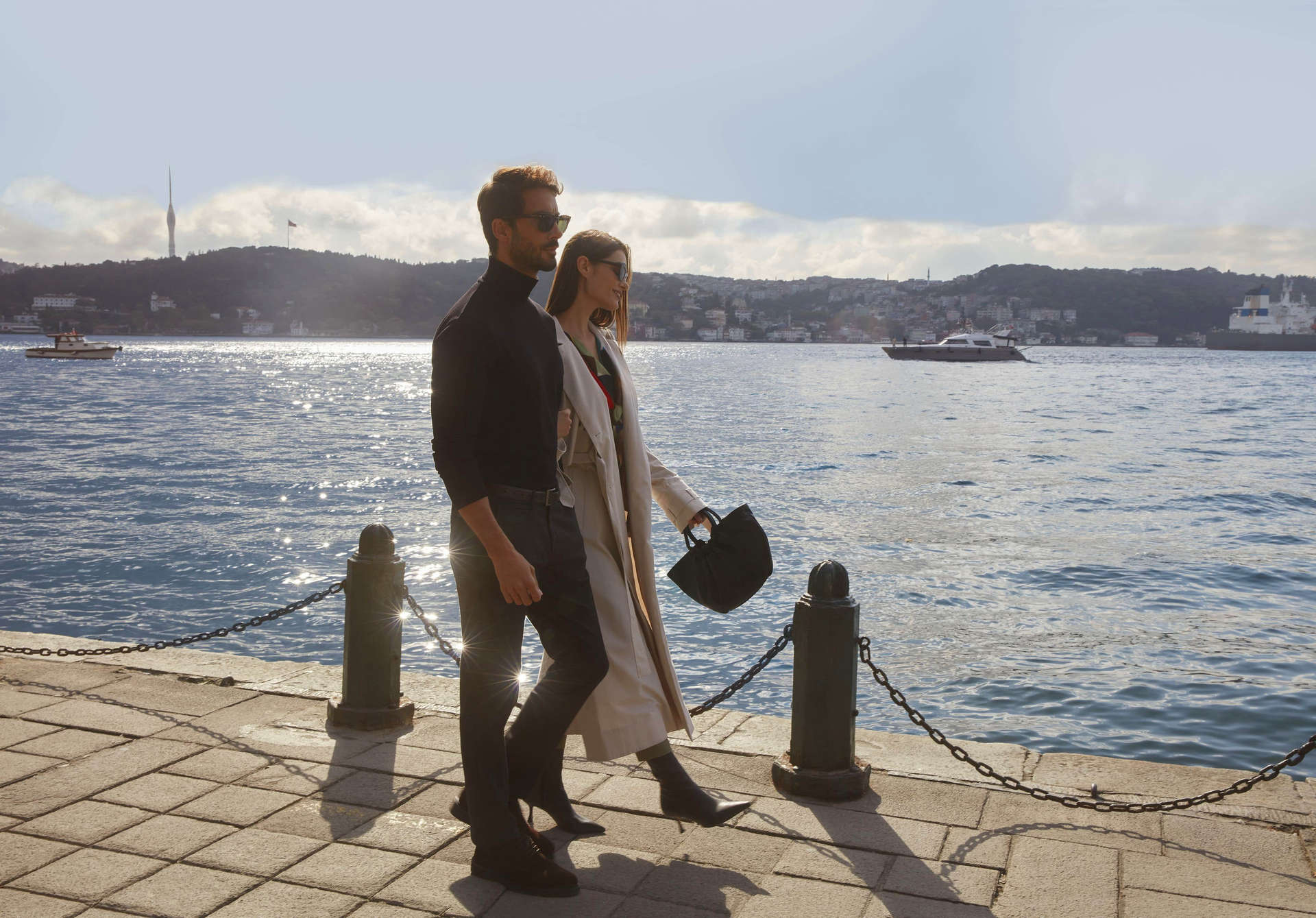 Couple taking a stroll along the Bosphorus Strait in Istanbul