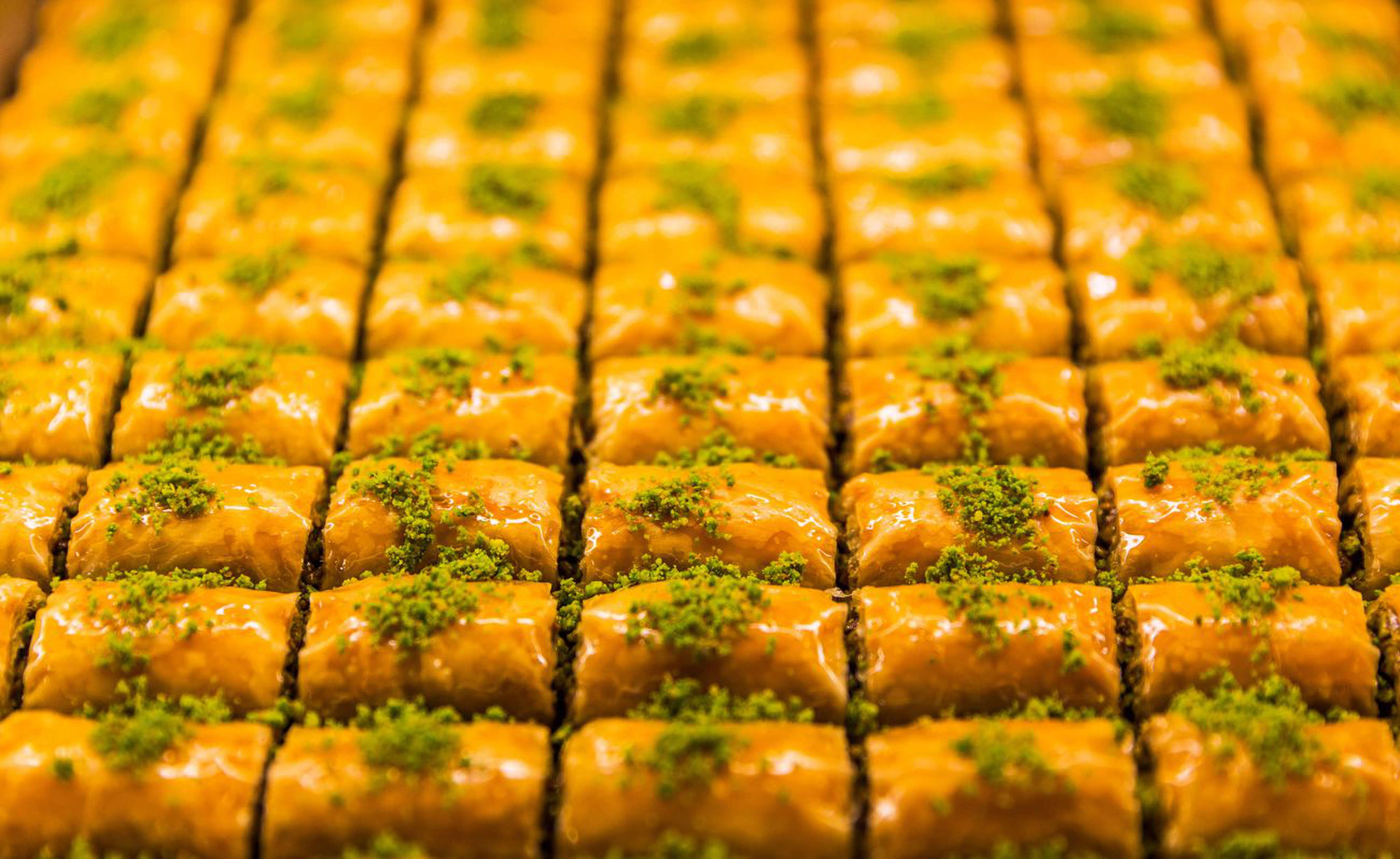 Jeddah baklava with pistachio on a display