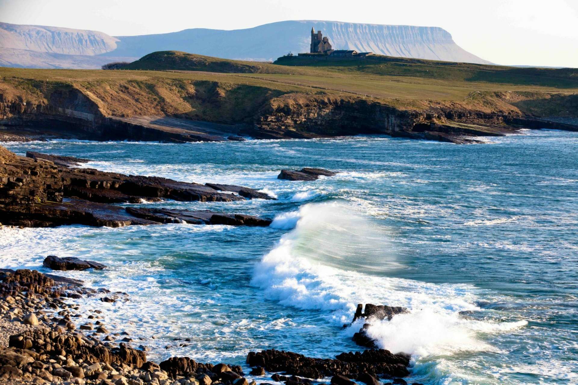 Coastal view of Classiebawn Castle in County Sligo, Ireland