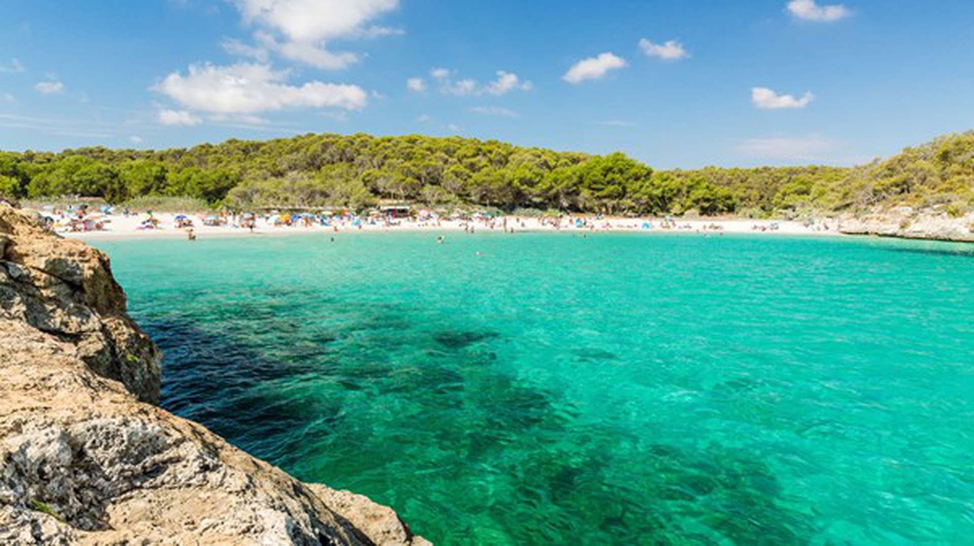 Strand von S'Amarador auf Mallorca, Spanien. Klaren grünes Wasser ended an einem weissen Strand und Bäumen im Hintergrund.