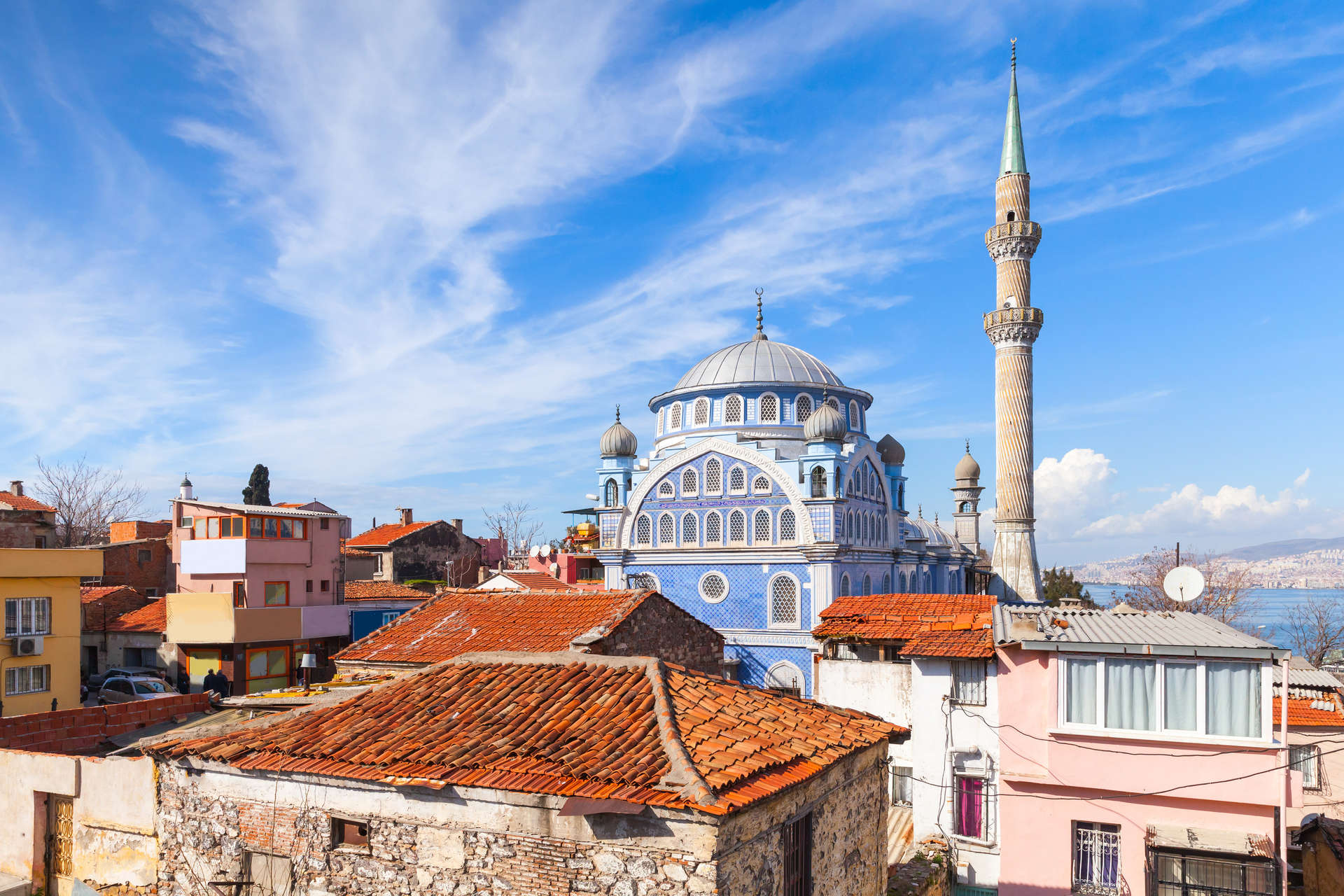 Street view with Fatih Camii mosque, Izmir, Turkey