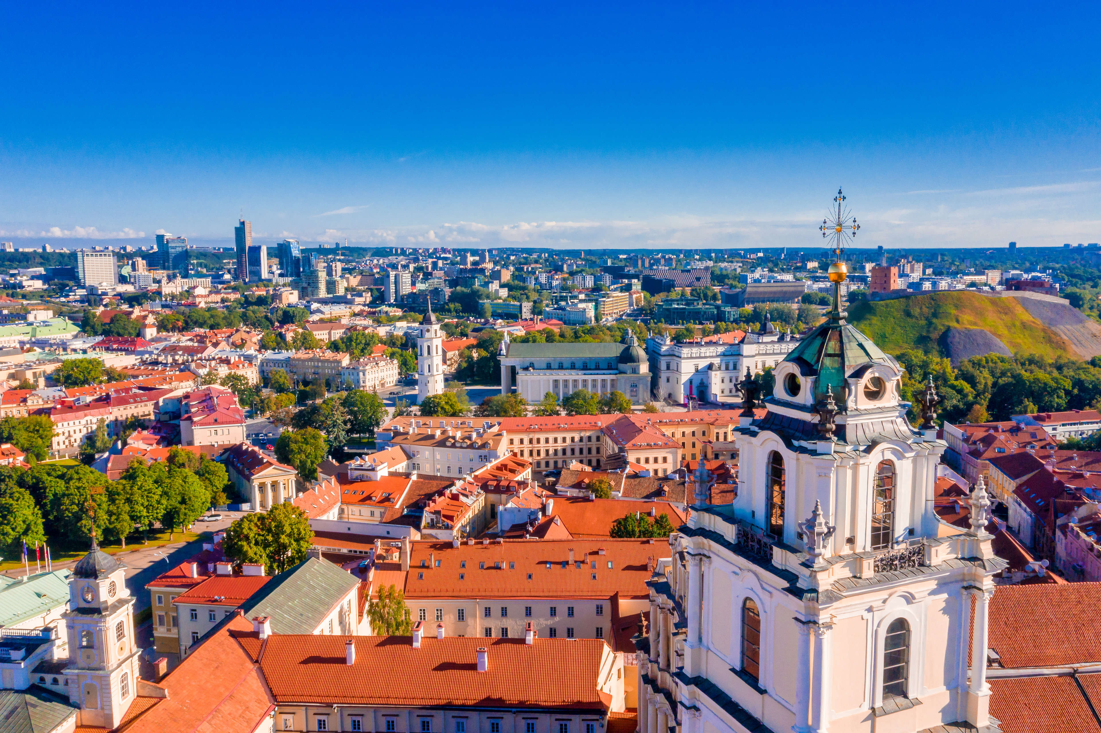 Sunny Aerial Vilnius Old Town aerial view scene