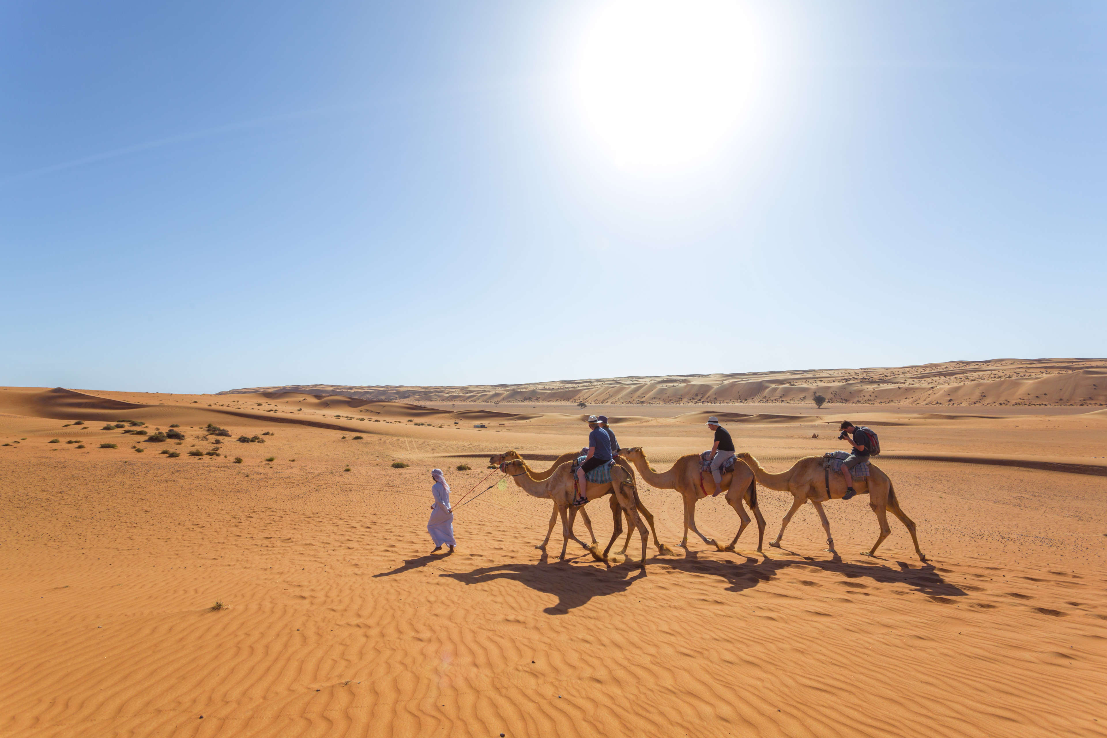 Touristen reiten auf Dromedaren in der Wüste, Wahiba Sands, Oman