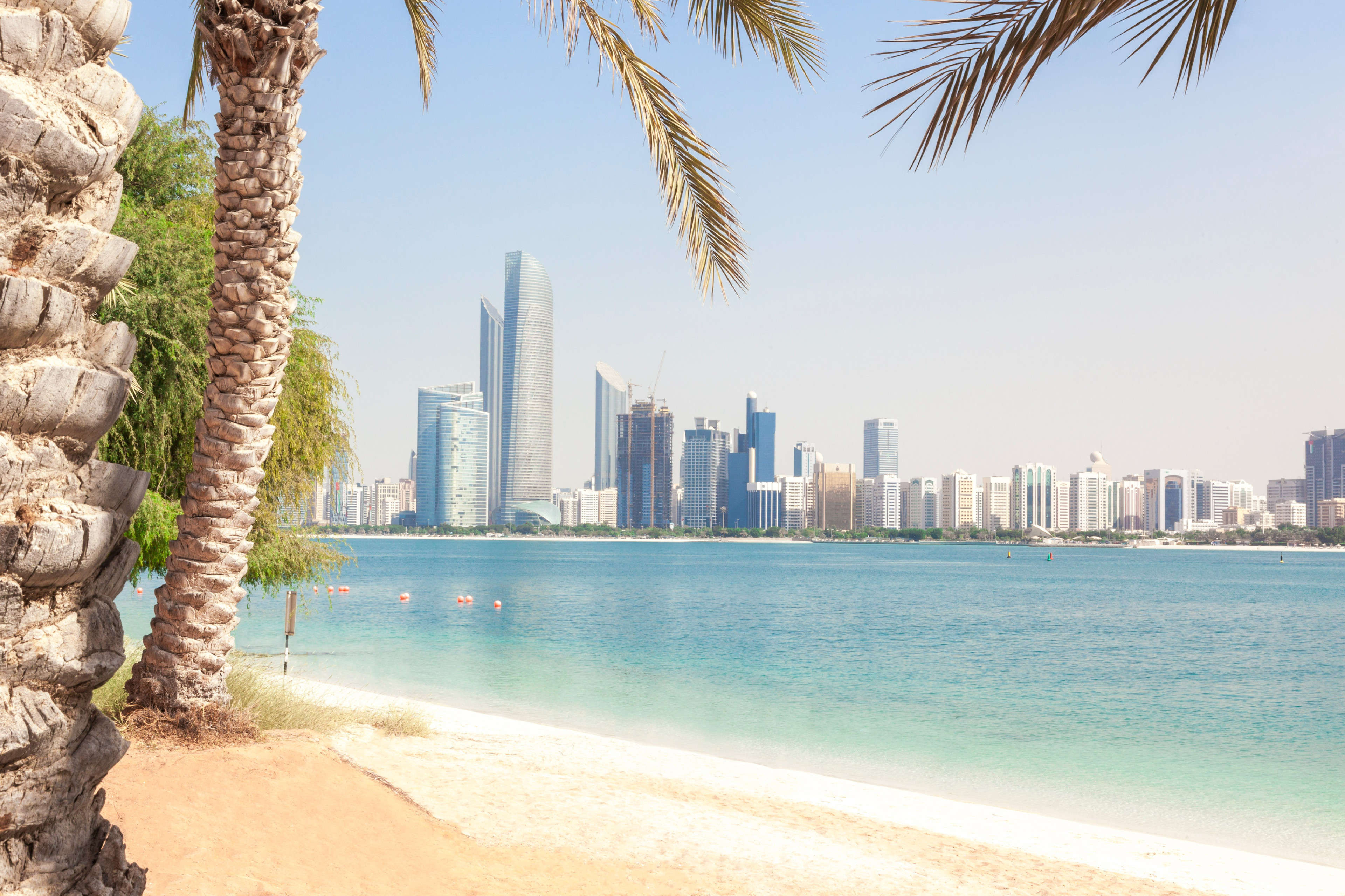 Abu Dhabi, UAE -- Sheikh Zayed Grand Mosque and city skyline